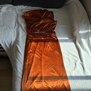 Sleek Orange Satin Skirt&Dress set